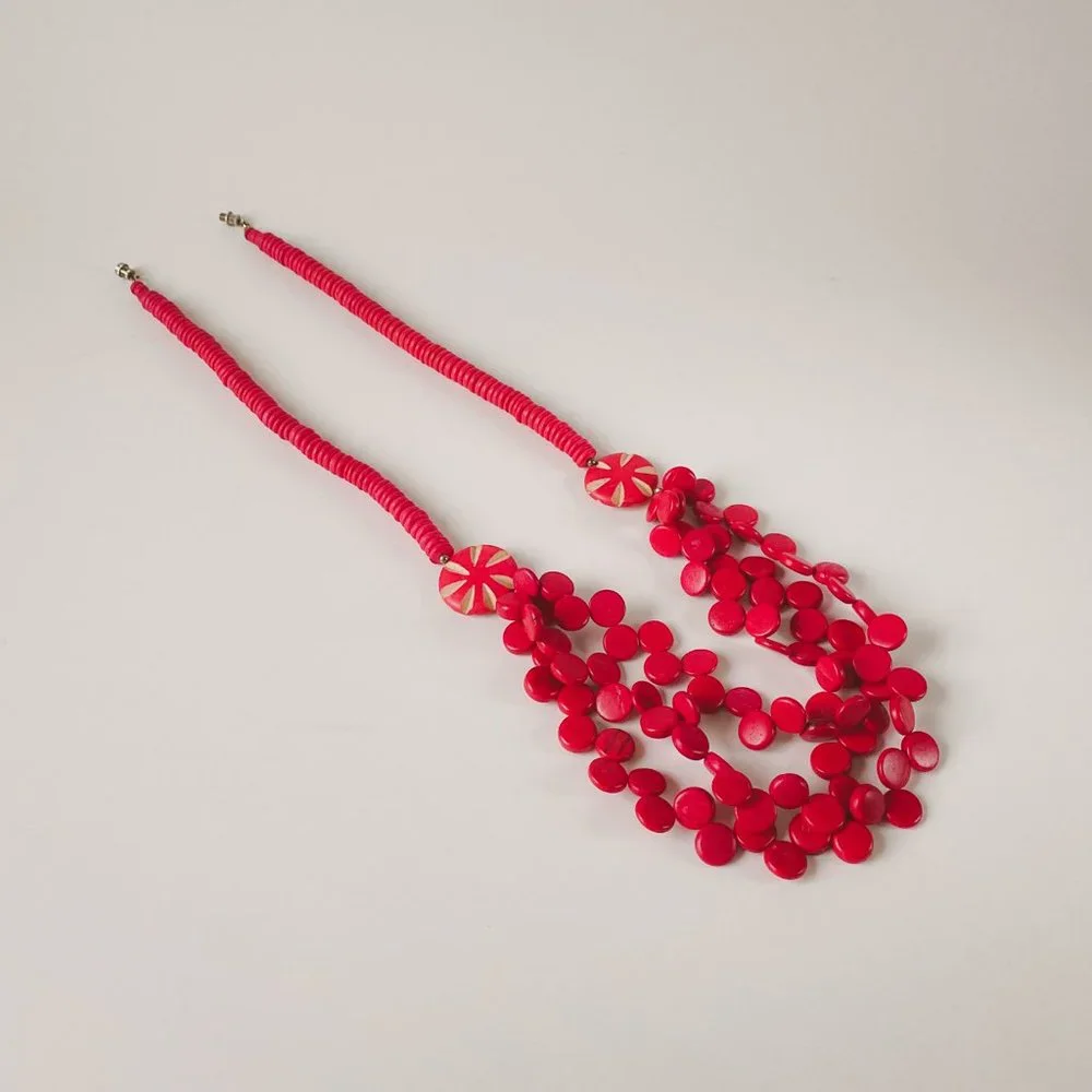 Vintage Wood Bright Red Candy Round Disc Beaded Statement Bold Bib Necklace - Picture 2 of 11